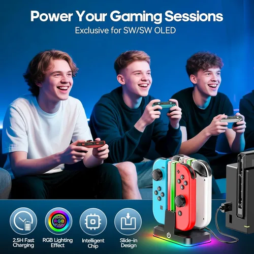 Vista 6 de Cargador controlador de interruptor para 4 Joycons con 9 modos de luz RGB, soporte de cargador Joy con indicadores LED, estación de carga