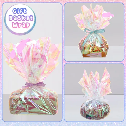 Vista 6 de Seajan Rollo de celofán iridiscente de 32 pulgadas x 200 pies, papel de regalo de arcoíris, envoltura de celofán holográfico para canastas, ramo