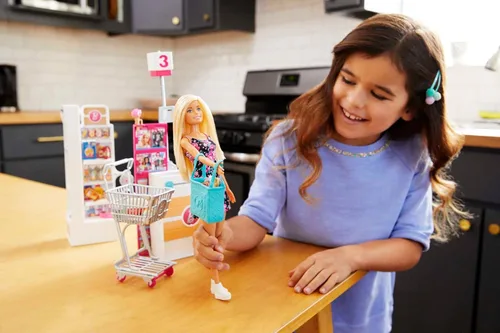 Vista 2 de Muñeca Barbie Rubia, Tienda de Comestibles con Carrito Rodante y Cinturón Funcional