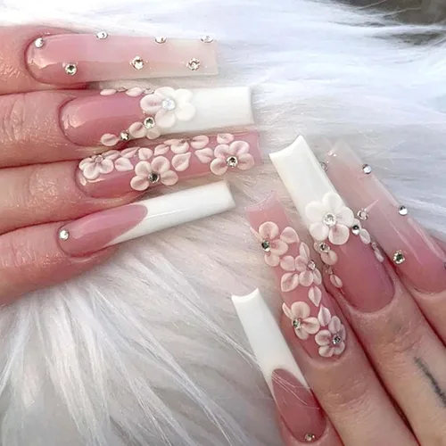 Vista 13 de Uñas postizas a presión negras largas tipo ataúd, uñas postizas francesas de cobertura completa, puntas de uñas de bailarina para mujeres y niñas