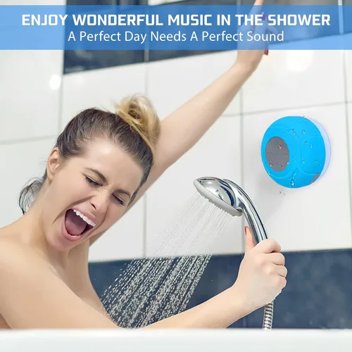 Vista 2 de Parlante Bluetooth Impermeable para Ducha Portátil, Inalámbrico, Resistente al Agua, Manos Libres con Micrófono Integrado, Ventosa para Baño