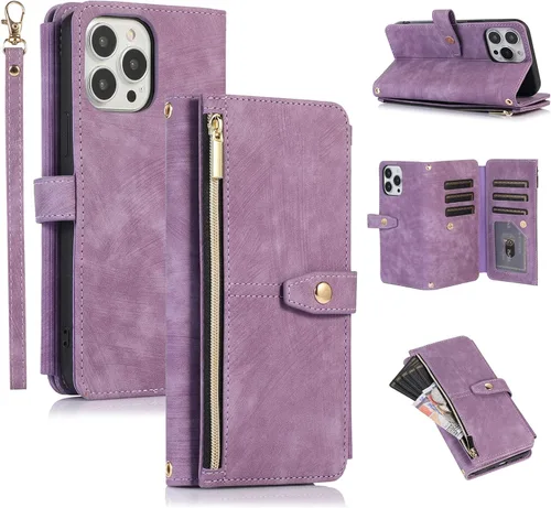 Vista 25 de UEEBAI Funda para iPhone 12 Mini de 5.4 pulgadas, 9 ranuras para tarjetas, cartera de cuero retro a prueba de golpes, con correa de mano, ranuras