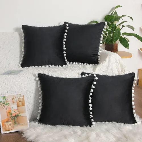 Juego de 4 fundas de almohada decorativas con pompón, de terciopelo de 18.0 x 18.0 in, para sofá de cama, sala de estar, color negro