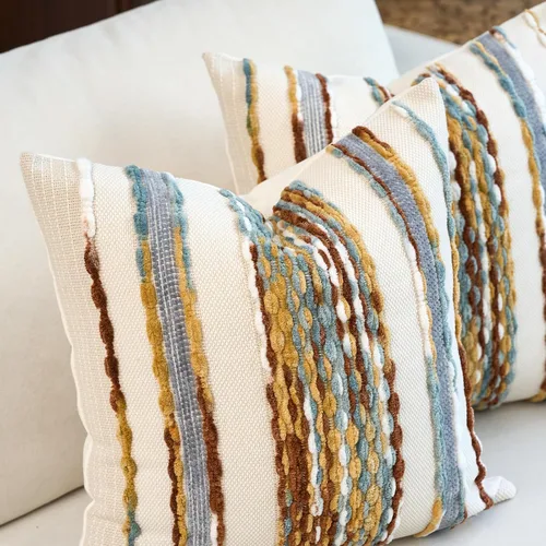 Vista 3 de Aeckself Fundas de almohada bohemias de chenilla con borlas tuftadas de 18x18 pulgadas, juego de 2, fundas decorativas rústicas a rayas cuadradas