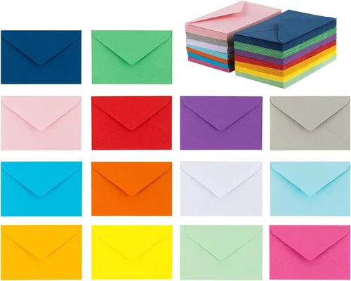 Vista 4 de Purple Q Crafts 60 Mini Sobres 10 Colores Surtidos, Cierre Engomado, Tarjeta de Regalo, Sobres de Tarjetas de Visita 4" x 2.7