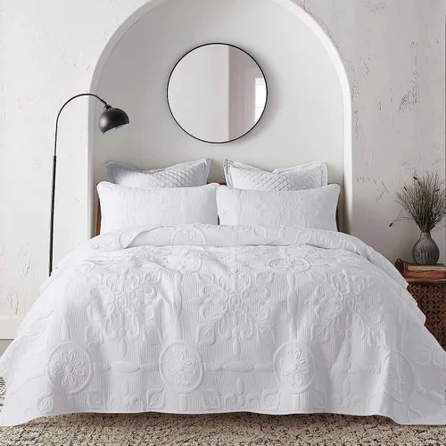 Vista 25 de B2EVER Juego de edredón de damasco beige tamaño individual con 1 funda de almohada, colcha boho ligera y suave de estilo granja vintage bohemia