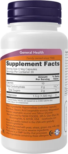 Vista 2 de Now Suplementos alimenticios, D-manosa 500 mg, proyecto verificado sin OMG, tracto urinario saludable*, 60 cápsulas vegetales
