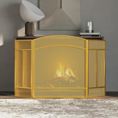 Vista 4 de Pantalla para chimenea Fire Beauty de 3 paneles, hierro forjado, 122 cm (L) x 74 cm (H), cubierta protectora contra chispas (Dorado Pulverulento)