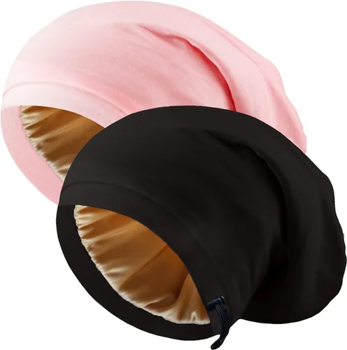 Vista 15 de 2 gorros de seda ajustables para dormir, gorro de dormir con forro de satén para mujeres y hombres, gorro de seda para el cabello holgado.