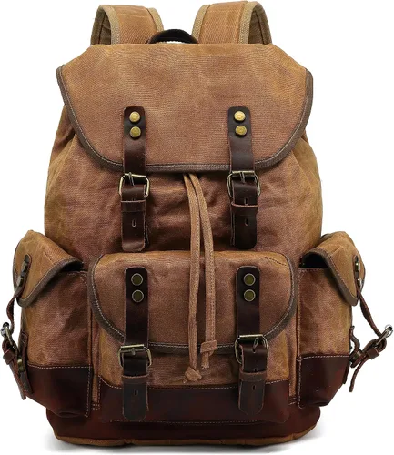 HuaChen Mochila vintage de lona y cuero con revestimiento de cera: mochila espaciosa y duradera para hombres y mujeres, perfecta para viajes, Caqui
