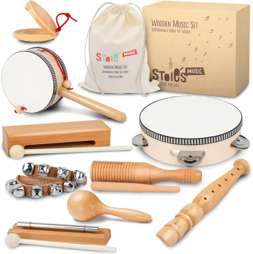 Vista 17 de Stoie's Instrumentos musicales de madera para niños pequeños con tambor, flauta, campanas de mano, platillos, castañuelas, triángulo, para bebés