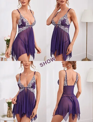 Vista 3 de Avidlove - Lencería de encaje para mujer, baby doll con cierre frontal y cuello en V, camisón sensual, camisola para la noche