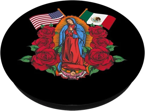 Vista 2 de Virgen de Guadalupe con bandera de México y Estados Unidos PopSockets Swappable PopGrip