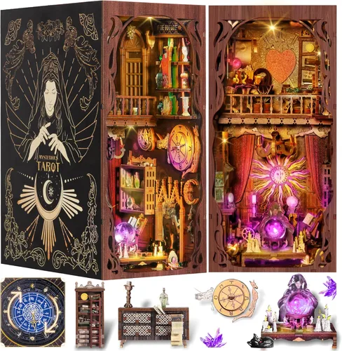 Vista 8 de Kit de Rincón de Libros para Hacer Uno Mismo, Rompecabezas de Madera 3D en Miniatura Sujetalibros Decoración de Estantería con Luz LED, Cubierta