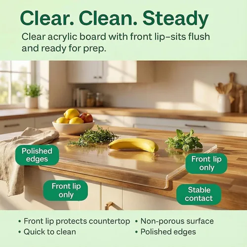 Vista 5 de Tabla de cortar acrílica con borde de mostrador – Pequeña (30 x 40 cm / 12" x 16") Tabla de cortar de cocina transparente sin contenedor, duradera