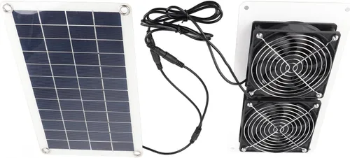 Vista 6 de Kit de ventilador de panel solar, kit de ventilador doble, ventilador solar ambiental para mascotas, energía solar, portátil, para gallineros