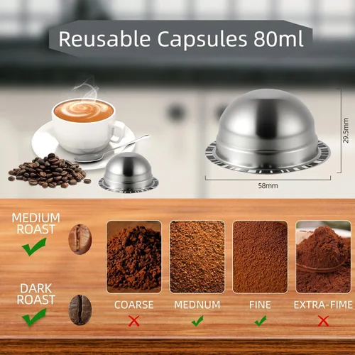 Vista 4 de Cápsulas reutilizables compatibles con Nespresso Vertuo Plus/Vertuo Next/Vertuo POP, cápsulas recargables de acero inoxidable de 2.7 fl oz/ 2.7 oz