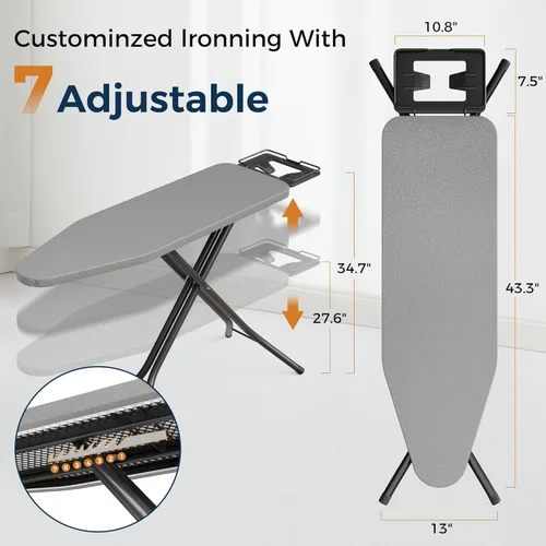 Vista 3 de BEWISHOME Tabla de planchar plegable, tabla de planchar compacta con 7 alturas ajustables y soporte de hierro de seguridad, patas de marco de metal