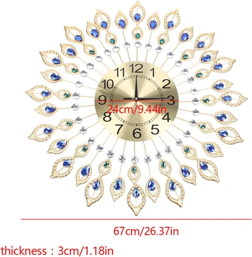 Vista 7 de DYRABREST Reloj de pared para decoración de sala de estar, reloj de pared de pavo real de cristal, diseño moderno, relojes de pared 3D