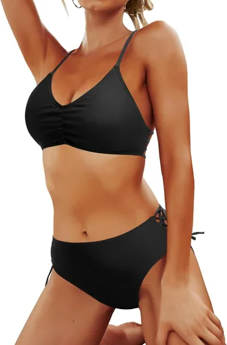 Vista 5 de Yonique Traje de baño de dos piezas para mujer, conjunto de bikini push up, traje de baño halter, traje de baño vintage