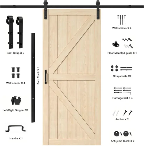 Vista 2 de Puerta de granero de 30 x 84 pulgadas con kit de herrajes para puerta corrediza de granero de 6 pies incluido, puerta corredera de teñido de madera