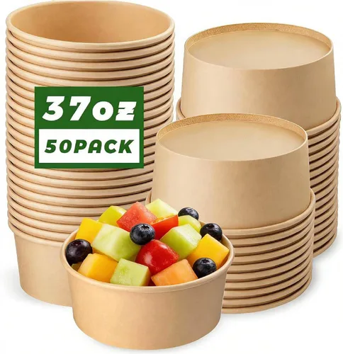 Vista 12 de Paquete de 25 envases de papel de 25 onzas, contenedores de alimentos desechables con tapas, cuencos desechables, cuencos de ensalada desechables