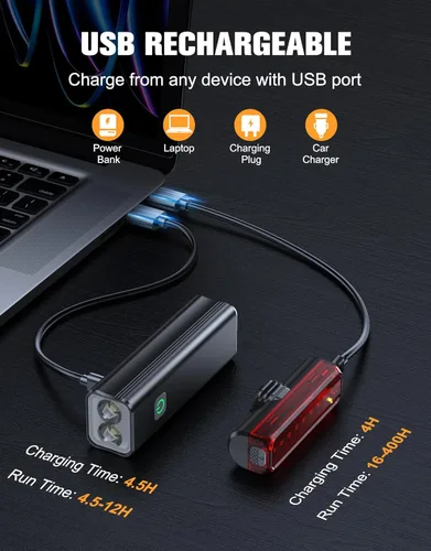 Vista 7 de WOCBUY Luces de bicicleta, juego de luces LED recargables por USB de 1200 lúmenes, luces de bicicleta superbrillantes, luz trasera y delantera