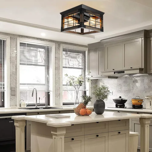 Vista 6 de Lámpara de techo de montaje empotrado estilo granja, 2 luces, lámpara de techo de granja, lámparas de cocina de esquina con enchufe E26, lámparas
