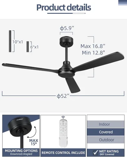 Vista 6 de YOUKAIN Ventiladores de techo de 52 pulgadas sin luces, 3 ventiladores de techo de hoja de madera negra, control remoto, motor reversible de 6