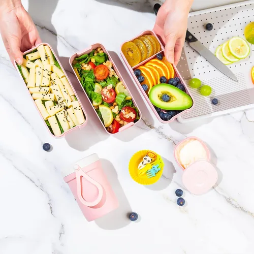 Vista 6 de Berusd Bento Box - Juego de 3 recipientes apilables a prueba de fugas, kit de accesorios, sin BPA, microondas, congelador, lavavajillas
