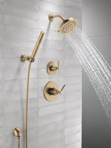 Vista 8 de Delta Saylor Sistema de ducha dorado cepillado de 3 ajustes, incluye cabezal de ducha, ducha de mano, mango de ducha, desviador de ducha y kit