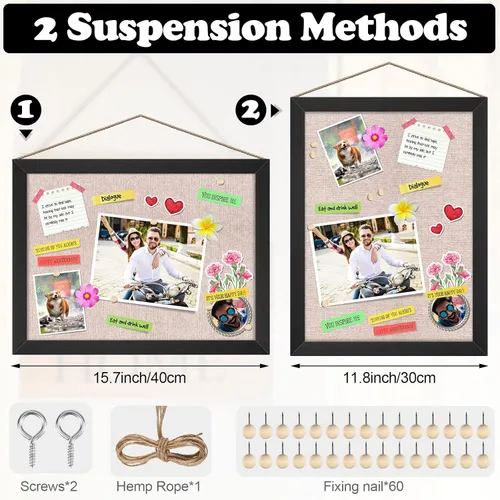 Vista 2 de Teling Juego de 6 tableros de anuncios de madera con lino de 30 x 41 cm, tablero de corcho para paredes con 60 chinchetas decorativas, marco de Negro