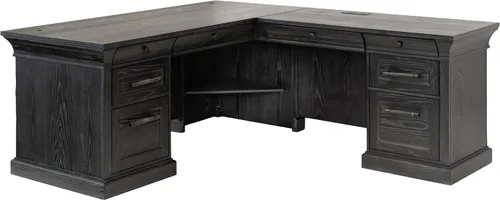 Martin Furniture Escritorio tradicional de madera ejecutiva con doble pedestal en L, escritorio de esquina, mesa de oficina, color negro