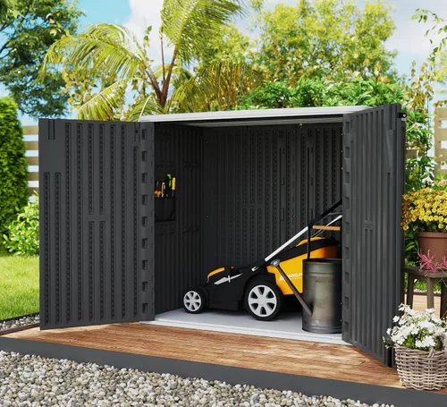 Vista 2 de ZZM Cobertizo de almacenamiento al aire libre de 37 pies cúbicos con piso, cobertizos de resina de doble pared HDPE, cobertizo de almacenamiento