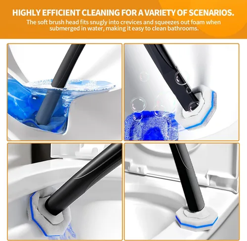 Vista 4 de Cepillo desechable para inodoro, limpiador de inodoro, suministros de limpieza de inodoro, escobilla de inodoro con soporte, varitas limpiadoras
