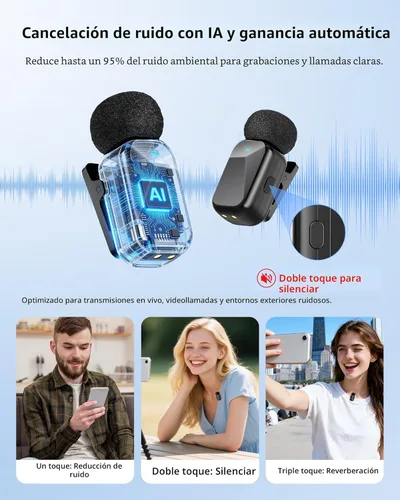 Vista 6 de Mini micrófono inalámbrico Lavalier para iPhone y cámara Android, micrófonos inalámbricos de doble canal con cancelación de ruido AI, rango de 328