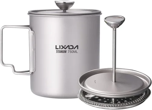 LIXADA Cafetera de prensa francesa de titanio, 25.4 fl oz, resistente a la corrosión, mango plegable, olla de cocina para acampar al aire libre