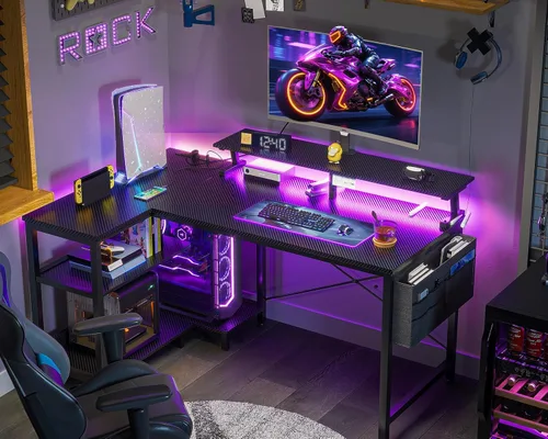 Vista 2 de ODK Escritorio para juegos de 40 pulgadas con tomas de alimentación USB y luces LED, escritorio reversible en forma de L con estantes