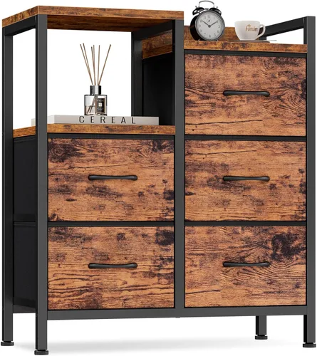 Vista 9 de Furnulem Cómodas Negras de 5 Cajones para Dormitorio Estante de 2 Niveles Almacenamiento Cómoda de Tela Pequeña para Closet Marco de Metal