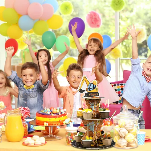Vista 6 de Tiamon Decoraciones de cumpleaños de construcción de 3 niveles con tema de construcción, soporte para cupcakes, camión volquete de cartón, soporte