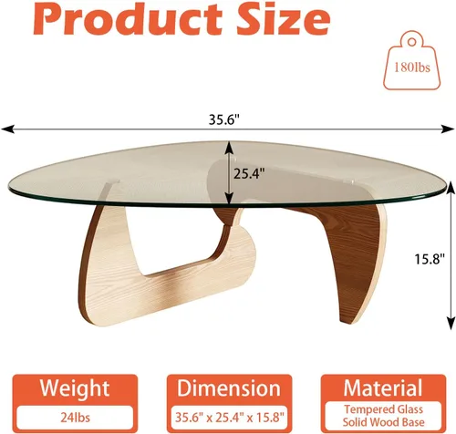 Vista 2 de Mesa auxiliar moderna para sala de estar y espacios pequeños, 35.6 x 25.4 x 15.8 pulgadas, mesa triangular de vidrio templado y base de madera