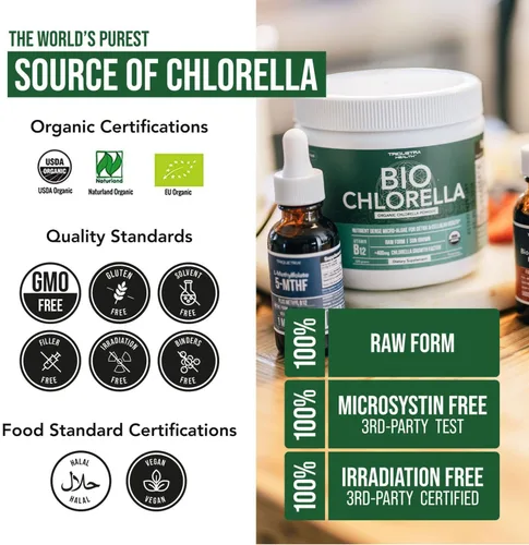Vista 3 de Polvo orgánico de Chlorella - Cruda y cultivada al sol - Algas verdes densas en nutrientes con CGF (factor de crecimiento de Chlorella), apoya