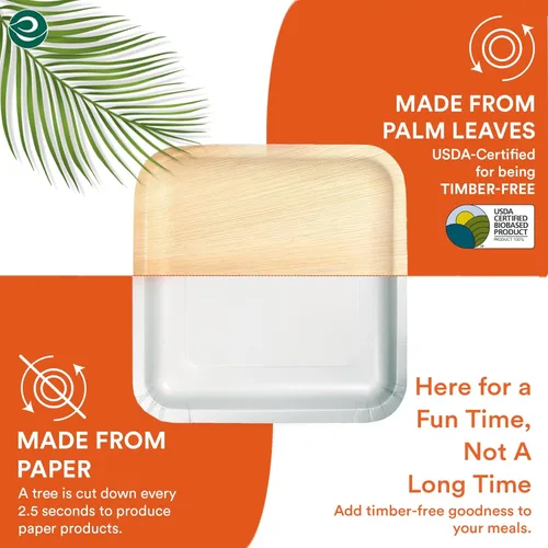 Vista 7 de ECO SOUL Platos de bambú con forma de hoja de palmera, cuadrados de 7 y 10 pulgadas, paquete de 50 vajillas desechables a granel, vajilla de madera