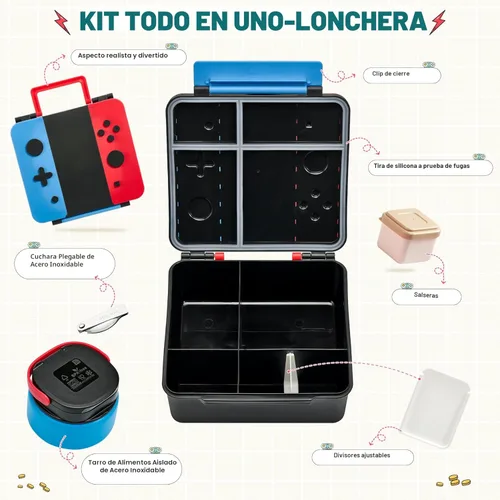 Vista 2 de Caja Bento Game para niños, lonchera con termo (tarro de comida de 9 onzas), cuchara plegable, divisor extraíble y taza de salsa, lonchera infantil