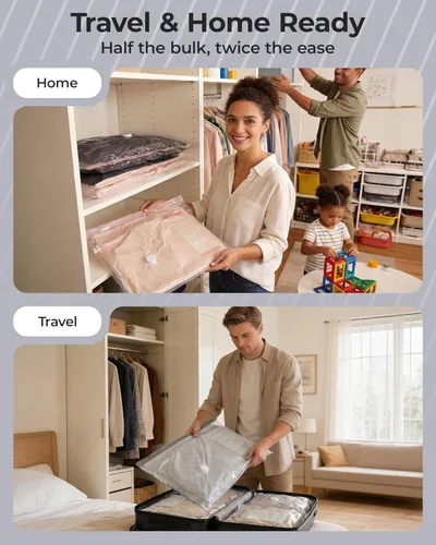 Vista 8 de BAGSMART Bolsas de almacenamiento al vacío para viajes con bomba de aire recargable, bolsas portátiles ahorradoras de espacio para viajes y hogar