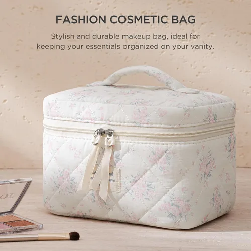 Vista 53 de HBselect Bolsa de Maquillaje Acolchada, Bolsa de Maquillaje Grande de Algodón para Viaje, Lindas Bolsas de Maquillaje con Flores Coquette, Bolsas
