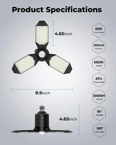 Vista 7 de Luz de garaje con sensor de movimiento, luz de taller con sensor de movimiento de 8000 lm con 3 modos de interruptor, bombilla activada por