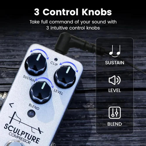 Vista 4 de NUX Mini pedal de efectos de guitarra de compresor de escultura, modo limpio, modo de clip, perilla de mezcla, bypass de búfer seleccionable Bulit