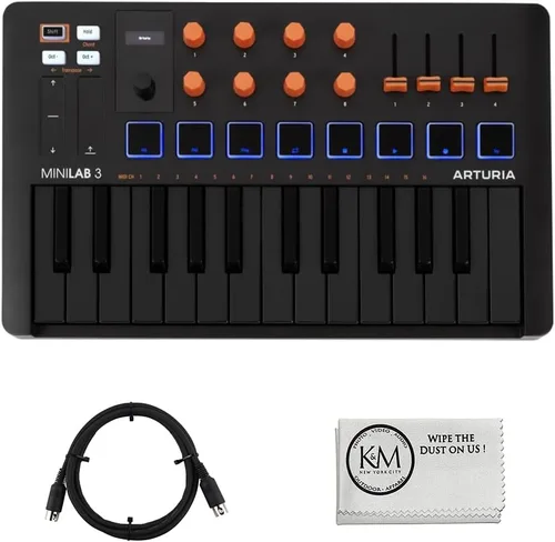 Arturia MiniLab 3 - Teclado MIDI compacto y controlador de almohadilla | Paquete naranja con cable MIDI de 6 pies + paño de limpieza de microfibra