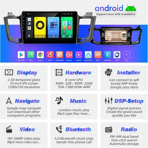 Vista 3 de Para RAV4 Actualización Android Radio Pantalla Táctil Compatible con Carplay Android Auto, Coche Estéreo Bluetooth Navegación Media Player GPS WiFi